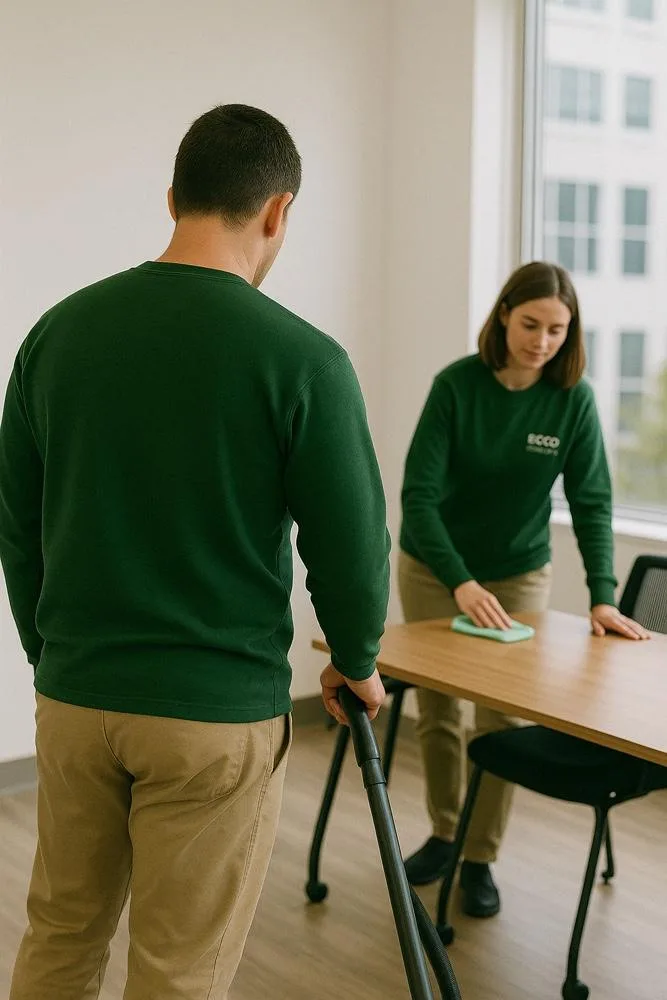An Ecco day porter team cleaning a modern New York City office during business hours.