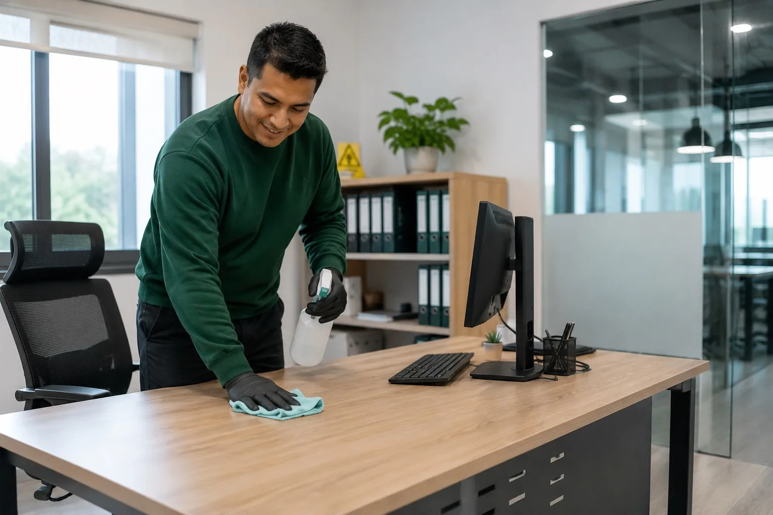 A cleaning professional in a green uniform wiping down an office desk.
