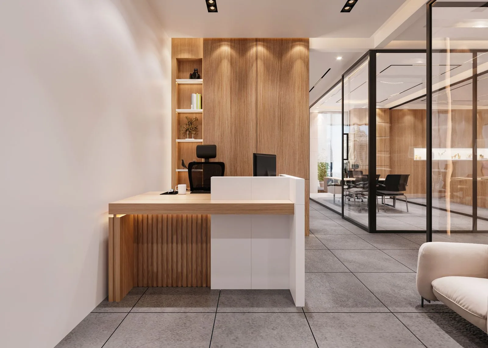 A pristine, immaculate corporate reception and lobby.